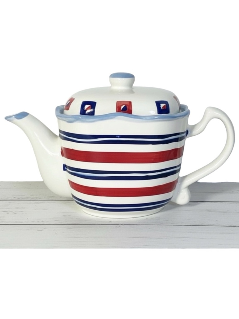 Nautical Teapot Lidded Americana Vintage Hand Painted Red White Blue 3 Cup